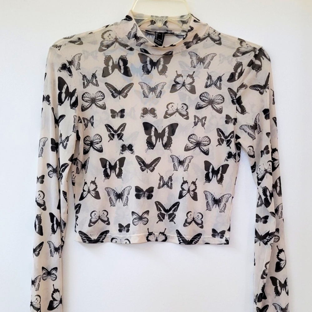 Forever 21  Butterfly Print Mock Long Sleeve Top